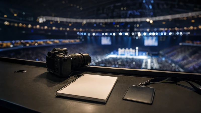 每日大赛时间线索引的赛事新闻现场，媒体工作台上的相机与笔记本朝向蓝色灯光赛场